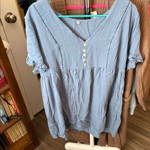 Women's Blue V-Neck Buttoned Top
